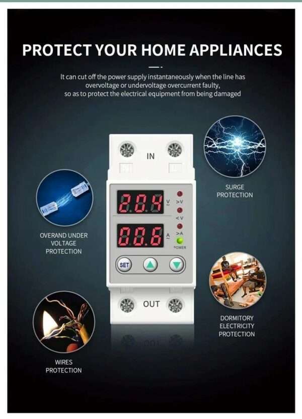 Din Rail 63 A 230 V Adjustable Over‑ and Under‑Voltage Protector Relay (Single‑Phase) – White - Image 3